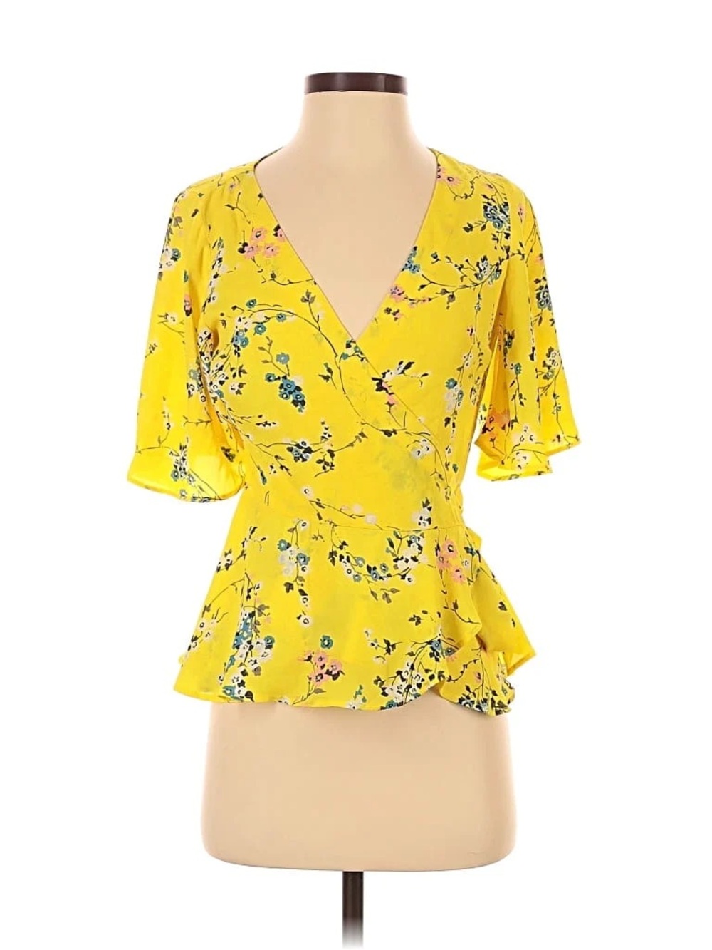 Ann Taylor LOFT Yellow Floral Wrap Blouse Petite Small